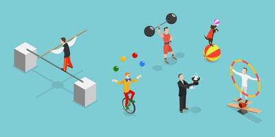3D Isometric Flat Set of Circus Characters, Clown, Strongman, Acrobats, Trained Animals, Hooper, Juggling Unicyclist vector