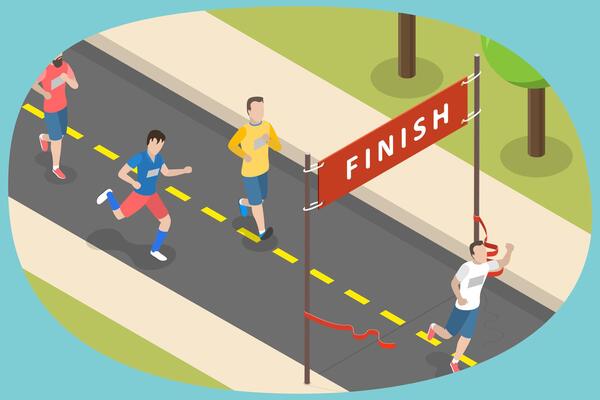3D Isometric Flat Conceptual Illustration of Marathon Winner, Crossing the Finish Line