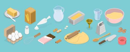 3D Isometric Flat Set of Baking Items, Ingredients, Utensils and Tools vector