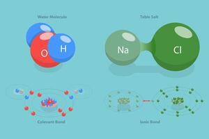 3D Isometric Flat Conceptual Illustration of Ionic Vs Covalent Bonds, Educational Structural Formula vector