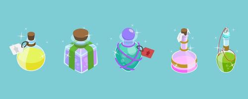 3D Isometric Flat Set of Magic Potions, Bottles with Alchemist Elixir vector