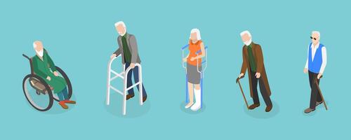 3D Isometric Flat Set of Disabled Senior People, Characters with Disability vector