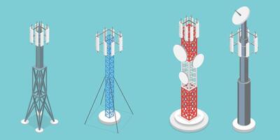 3D Isometric Flat Set of Telecom Towers, Communicating Radio Constructions vector