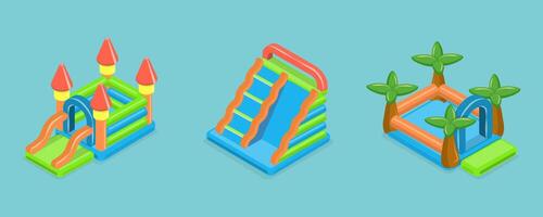 3D Isometric Flat Set of Bouncy Inflatable Castles, Entertainment for Kids vector