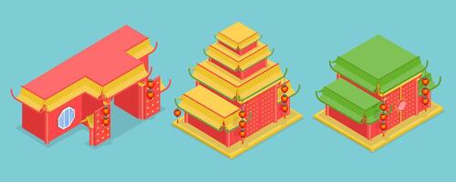 3D Isometric Flat Set of Chinese Temples, Traditional Architecture vector