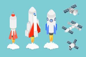 3D Isometric Flat Set of Spacecraft Shuttles and Satellites, Exploration of Cosmos vector