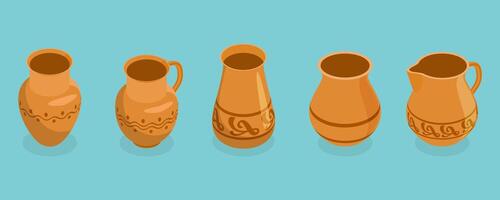 3D Isometric Flat Set of Vintage Ceramic Items, Clay Pottery vector