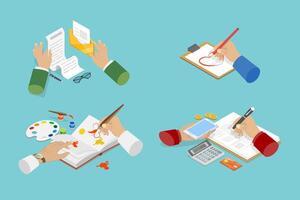 3D Isometric Flat Set of Hands Writing Something in Notepad and Drawing in Sketchbook, Making a Note vector
