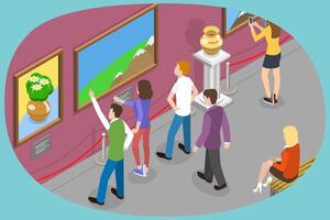 3D Isometric Flat Conceptual Illustration of Art Gallery, Tourists Looking at Paintings at Ehibition vector