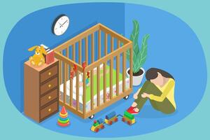 3D Isometric Flat Conceptual Illustration of Mother Depression, Psychology Problem and Parent Difficulties vector