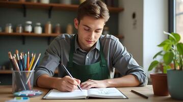 A man is writing in a notebook while sitting at a table photo