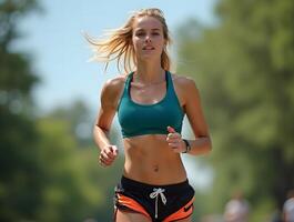 A woman running in a park photo