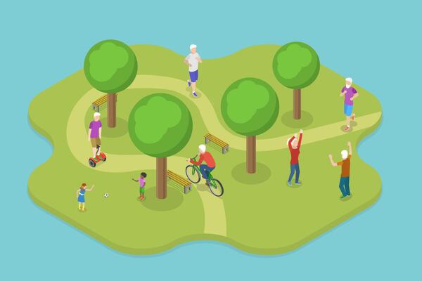 3D Isometric Flat Conceptual Illustration of Elderly Activity, Seniors Exercising, Jogging and Hiking
