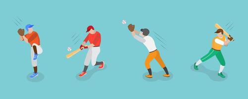 3D Isometric Flat Set of Baseball Players, Various Actions of Player Character vector