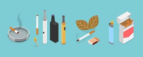 3D Isometric Flat Set of Smoker Collection, Smoking Attributes and Tobacco Products vector