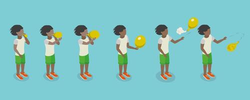 3D Isometric Flat Conceptual Illustration of Balloon Inflation, Kid Blowing Air to a Balloon and Let it Out in the Air vector