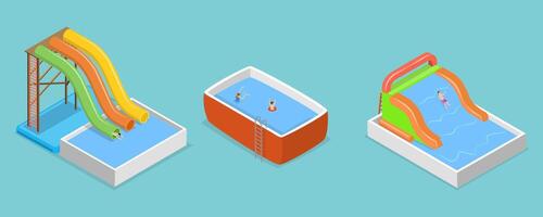 3D Isometric Flat Set of Aquapark Scenes, Summer Fun at Pool vector