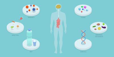 3D Isometric Flat Conceptual Illustration of Microbiome, Gut Brain Connection vector