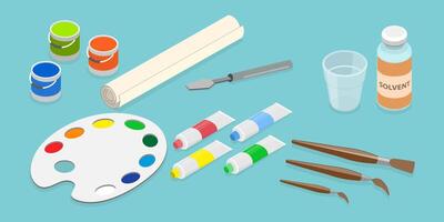 3D Isometric Flat Set of Painter Tools, Equipment for Craft and Drawing vector