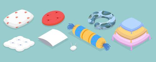 3D Isometric Flat Set of Pillows, Cushions of Various Shapes vector