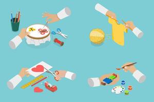3D Isometric Flat Set of Craft Handmade Hobbies, Creative Workshop vector