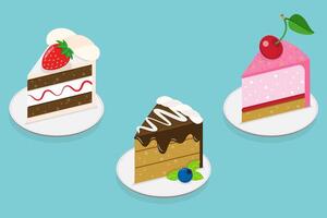 3D Isometric Flat Set of Slices of Different Cakes, Sweets and Dessert vector