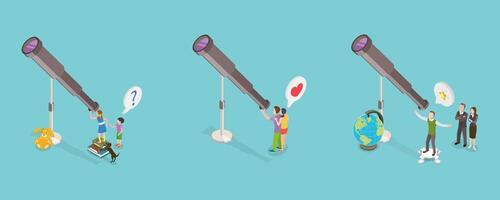 3D Isometric Flat Conceptual Illustration of Telescopes Watching, Getting Into Astronomy As a Hobby vector
