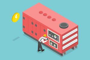 3D Isometric Flat Conceptual Illustration of Stationary Industrial Power Generator, Energy Generating and Backup Equipment vector