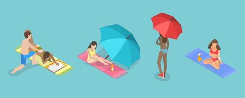 3D Isometric Flat Set of Skincare Routine Scenes, Spending Time at Beach vector