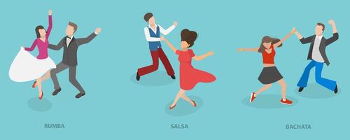 3D Isometric Flat Set of Dancing People, Salsa, Rumba and Bachata vector