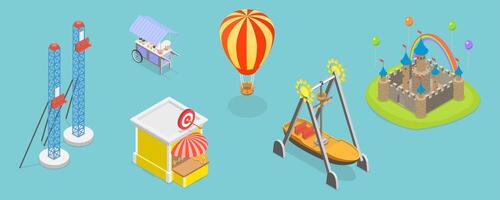 3D Isometric Flat Set of Amusement Park, Architectural Entertainment Elements vector