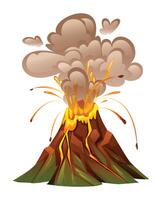 Exploding volcano eruption with smoke, lava splashes, and rocky mountain. Cartoon illustration vector