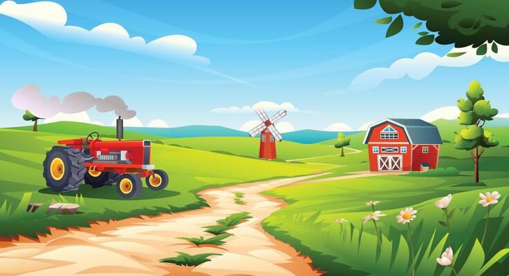 Rural farm field landscape. Vintage tractor on grassy farmland with barn, windmill, and flowers under blue sky. Cartoon illustration