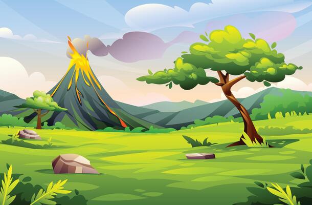 Volcano erupting with lava in green valley landscape. Cartoon landscape illustration