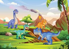 Group of dinosaurs on a hilly terrain with erupting volcano in background and clear skies. Cartoon illustration vector
