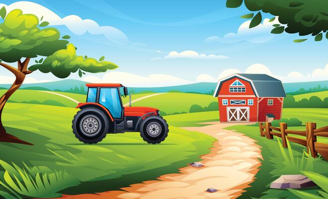Rural farm field landscape. Red tractor near barn on green farmland with trees and curved path. Cartoon illustration