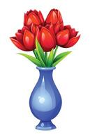 Red tulips in a glossy blue vase with leaves, bright and vivid. cartoon illustration vector