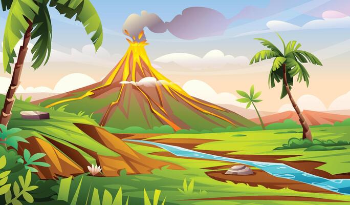 Volcano eruption with lava, smoke, and valley river under sunset sky. Cartoon landscape illustration