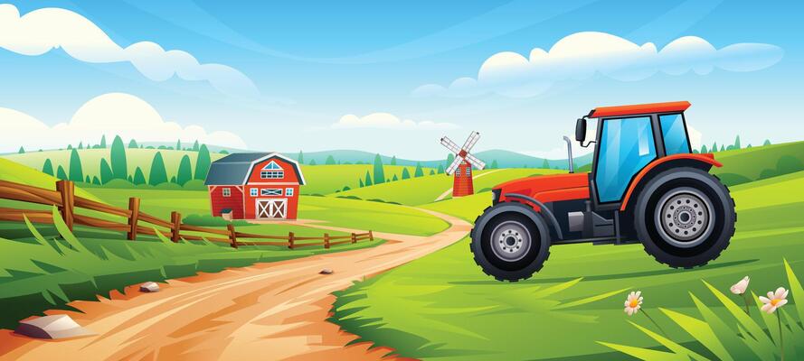 Rural farm field landscape. Tractor on farmland near barn, curved dirt path and windmill. Cartoon illustration