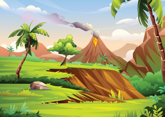 Erupting volcano with lava and smoke in lush tropical valley. Cartoon landscape illustration