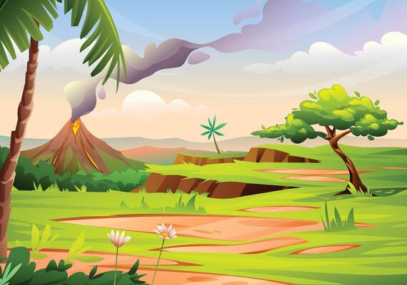 Sunset landscape with erupting volcano, smoke, and trees. Cartoon illustration