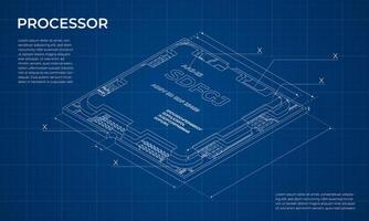 Isometric processor blueprint. Central processing unit or CPU. Computer hardware components. Semiconductor technology concept. illustration. vector