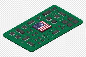 Isometric electronic board with USA flag. Isometric printed circuit board with electronic components. Electronic components and integrated circuit board vector