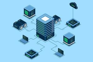 Computer technology isometric illustration. Computation of big data center. Cloud computing. Online devices upload and download information, Isometric technology vector