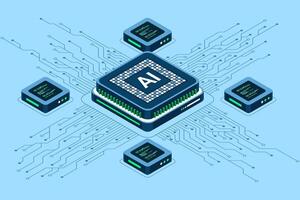 Isometric artificial intelligence chip concept. Artificial intelligence concept. Futuristic microchip processor, Isometric technology vector