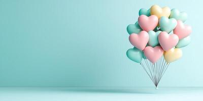 Colorful heart shaped balloons floating against soft blue background photo