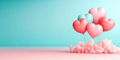 Colorful heart shaped balloons floating above cloud of pastel colors photo