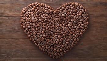 Heart shape made of coffee beans on wooden background, perfect for coffee lovers photo
