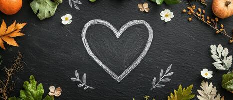Chalk drawn heart surrounded by autumn leaves and flowers on dark background photo