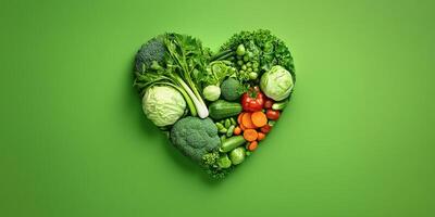 Fresh vegetables arranged in heart shape on green background photo